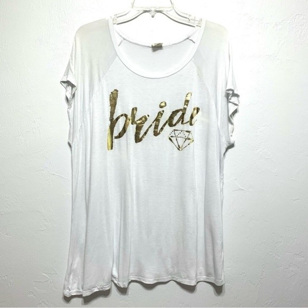 Pink Foot White & Gold Bride Engagement Round Neck Short Sleeve Top size 1XL